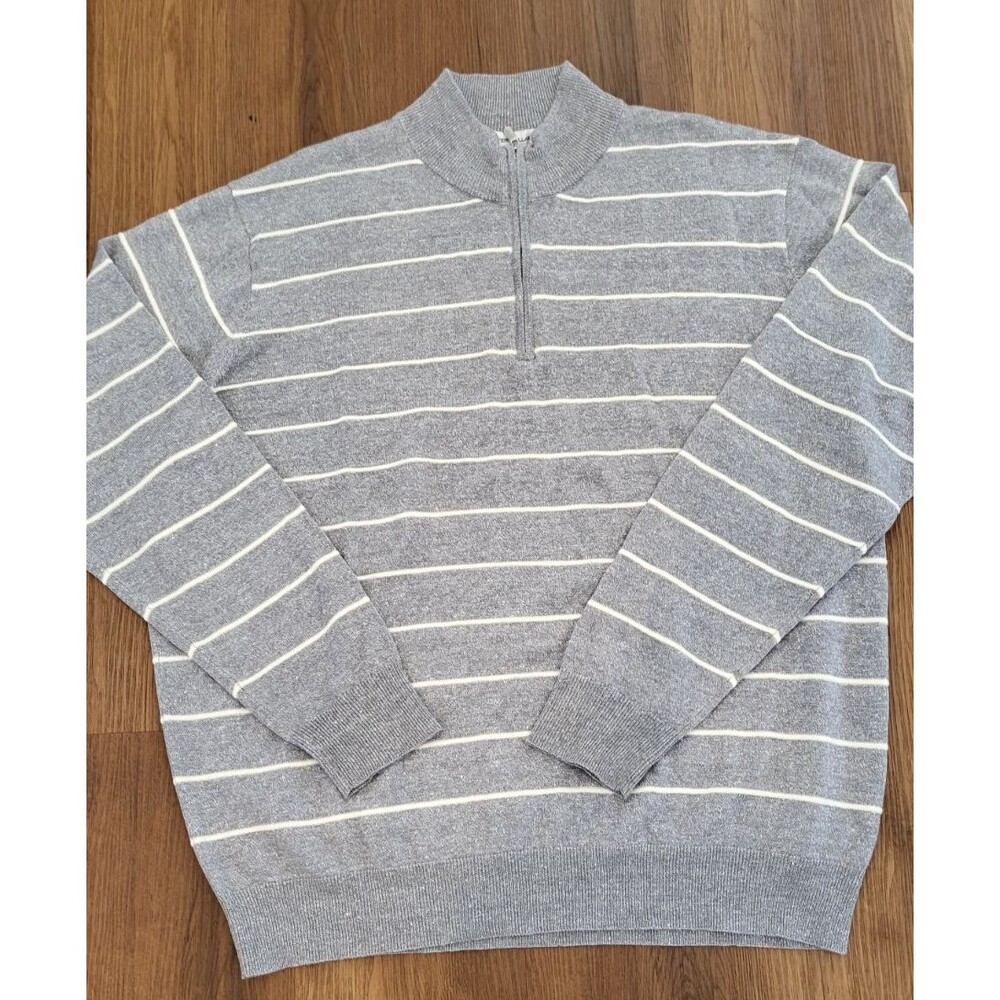 Peter Millar Mens XXL Grey Striped Merino Wool Quarter Zip Sweater Pullover